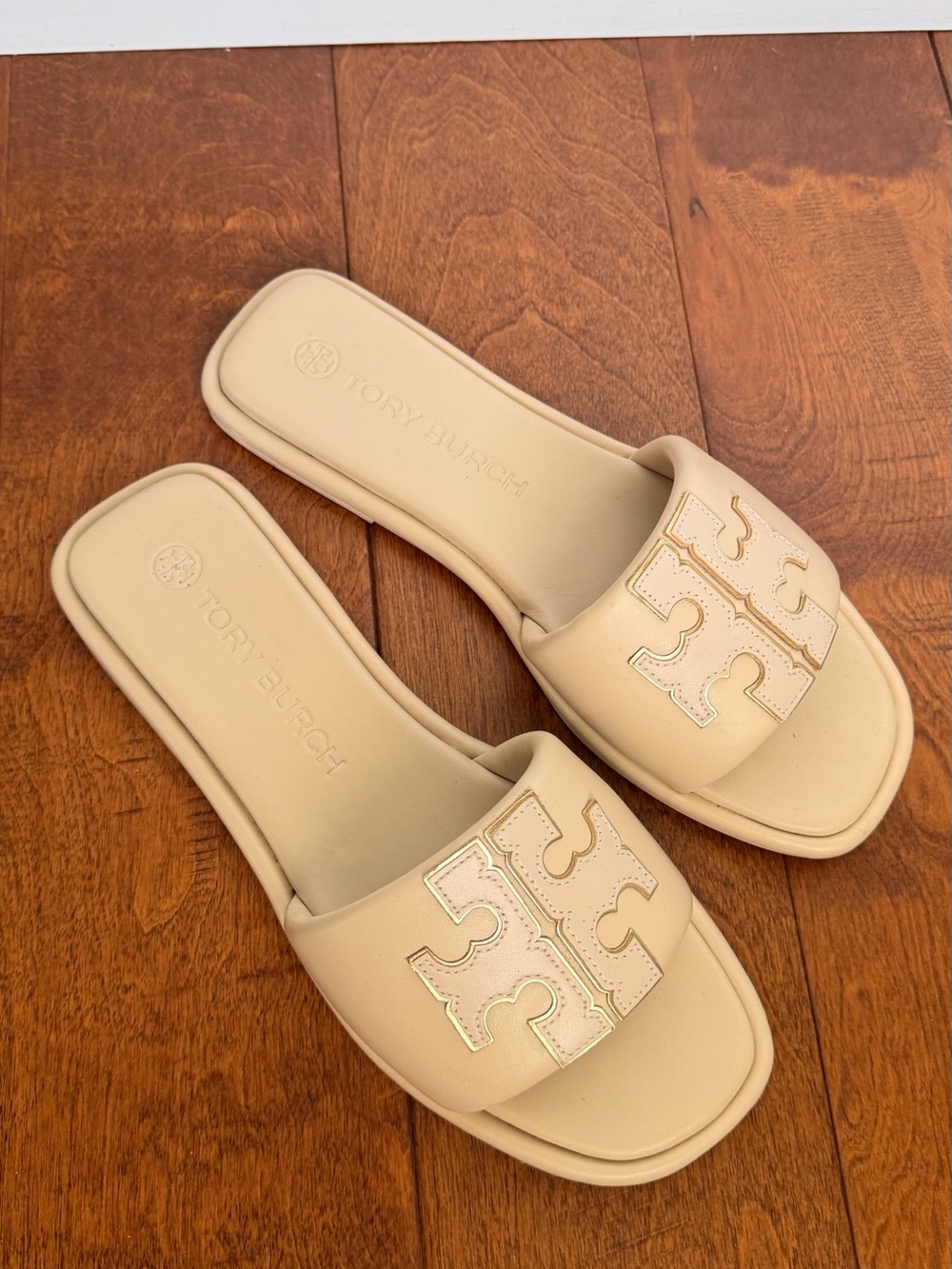 Tory Burch Neutral Cream Logo Double T Sport Slide Sandals